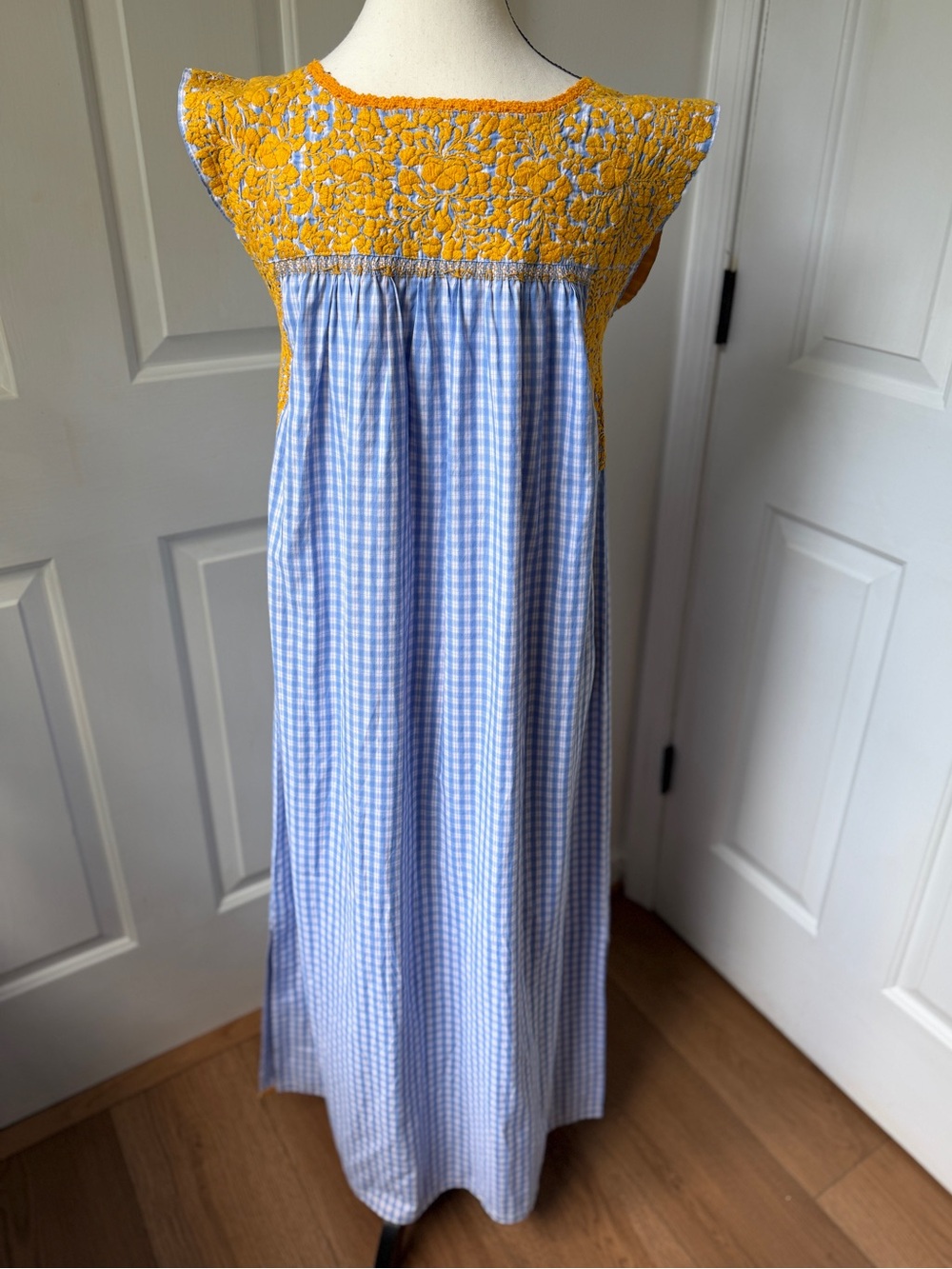 Mi Golondrina Blue and Yellow Embroidered Gingham Flores Maxi Dress - Picture 4 of 5